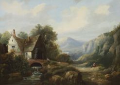 19th century English School, oil on canvas, Extensive landscape with figures beside a watermill,