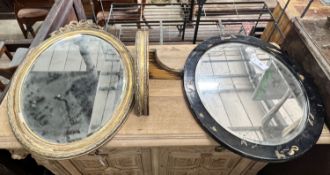 An oval gilt framed wall mirror, height 70cm, a matching wall bracket and an oval chinoiserie