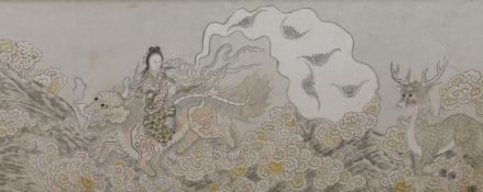 A framed Chinese silk study depicting a tranquil landscape of figure riding a dragon amongst foliage