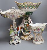 A 19th century Dresden floral encrusted centrepiece and two other continental porcelain
