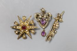 An Edwardian 9ct gold seed pearl and simulated ruby starburst brooch, 3.25cm, a pearl set bar brooch