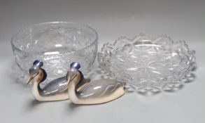 A pair of Royal Copenhagen great crested grebes and two cut glass bowls