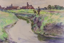 Beatrice S. Pedder, watercolour, Anglers beside a stream, signed in pencil, 28 x 41cm
