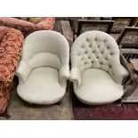 Two late Victorian ebonised tub framed chairs with natural fabric loose covers