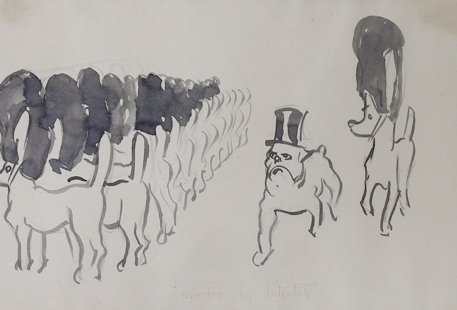 Edmund Blampied (1886-1966), ink and wash on paper, 'Inspection by Potentate', monogrammed, 18 x