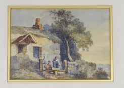 Henry George Gastineau (1791-1876), watercolour, Figures beside a cottage, label verso, 13 x 18cm