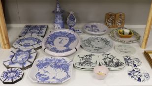 A collection of assorted Bjørn Wiinblad ceramics, tiles, dishes and others, largest 48cm wide