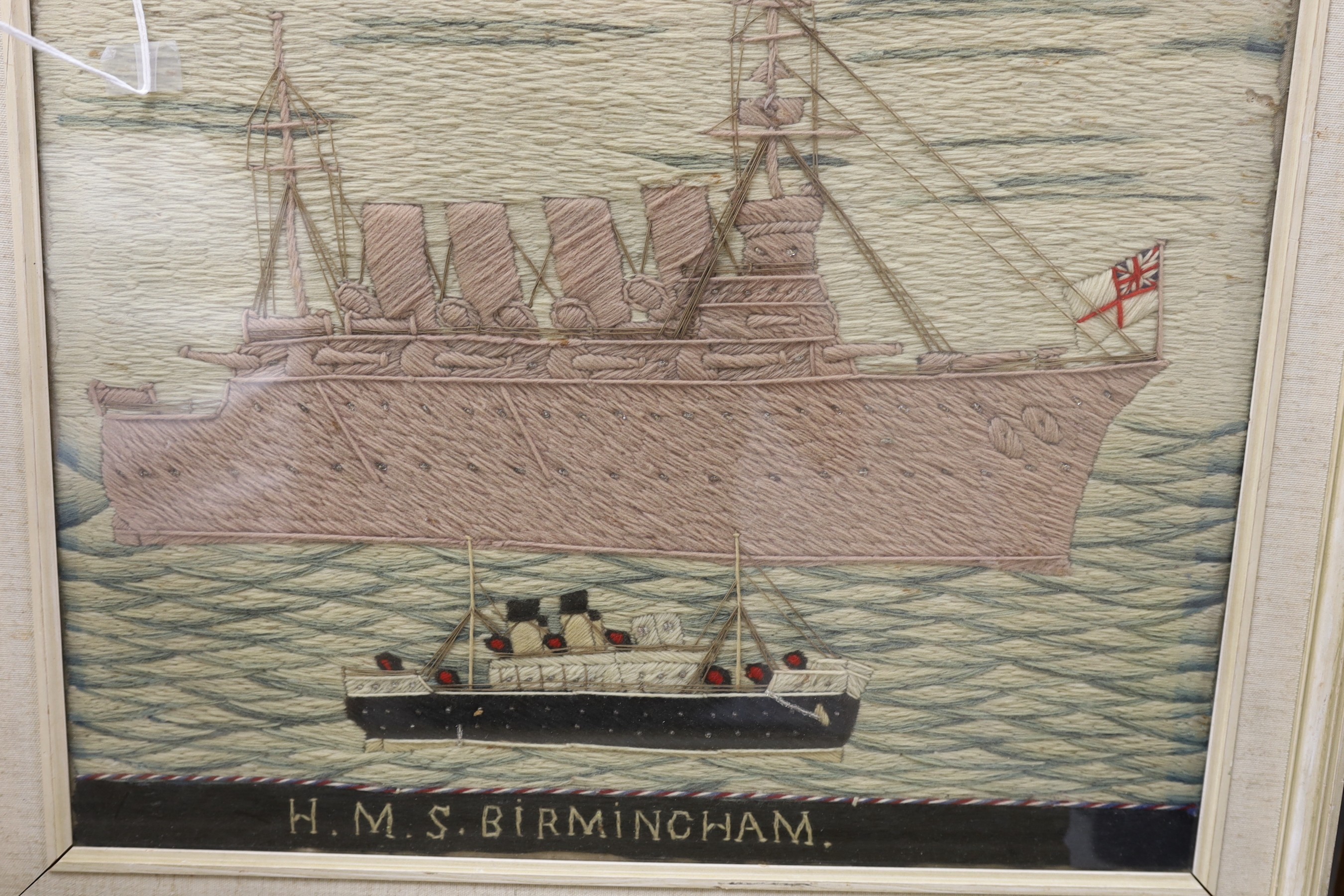 A pair of woolwork ship portraits, HMS Birmingham and Russian Warship Reresviet, a smaller - Image 4 of 4