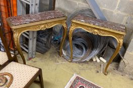 A pair of late 19th century French carved giltwood marble top console tables, width 80cm, depth