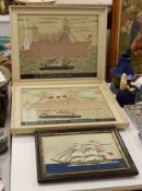 A pair of woolwork ship portraits, HMS Birmingham and Russian Warship Reresviet, a smaller