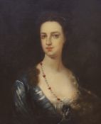 Follower of Sir Godfrey Kneller (1646-1723), oil on canvas, Portrait of a lady wearing a gem set