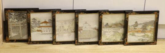 A set of six Japanese silk woven architecture scenes in painted lacquered framed, 25 x 24cm