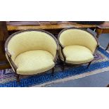 A pair of Louis XVI style carved beech upholstered tub framed chairs, width 82cm, depth 50cm, height
