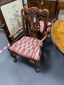 A pair of George III style mahogany elbow chairs, width 65cm, depth 50cm, height 106cm