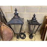 Two Victorian style metal lanterns, larger height 110cm