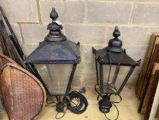 Two Victorian style metal lanterns, larger height 110cm