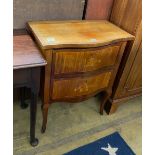 A French marquetry inlaid mahogany serpentine petite commode, width 61cm, depth 38cm, height 76cm