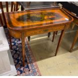 A George III banded satinwood folding card table with later painted decoration, width 92cm, depth