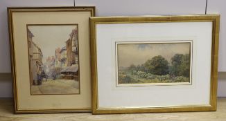 H.B., watercolour, Figures in woodland, signed, 15 x 28cm and a watercolour street scene by