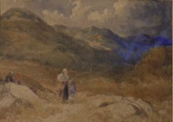 19th century English School, watercolour, Traveller in the Highlands, indistinctly signed, 13 x