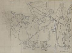 Gilbert French, pencil and wash preparatory sketch, Harvesters and horseman, signed and dated