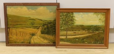 W.R.H Paul, two oils on canvas, Eastbourne, 'The Piggery Green Street Farm' and 'Path to Jevington',