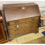 A George III mahogany bureau with parquetry interior, width 107cm, depth 56cm, height 108cm