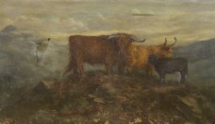 Scottish School c.1900, oil on canvas, Highland cattle with satanic embellishment, indistinctly