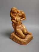 A Klement Lorenc (1911-1983) glazed terracotta group of embracing lovers, signed, 30cm tall