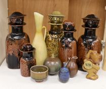 Five Gustavsberg Stig Lindberg figural bottles, together with other Scandinavian pottery sundries,