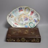 A Chinese Canton oval footed dish, 36cm wide, and a Japanese box with floral decoration and