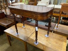 A George IV Gillows style ebony strung mahogany folding tea table on fluted legs width 99cm, depth