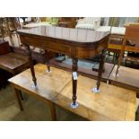 A George IV Gillows style ebony strung mahogany folding tea table on fluted legs width 99cm, depth