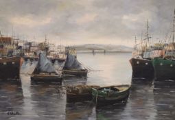 Vitalante, oil on canvas, Fishing boats in harbour, signed, 48 x 68cm