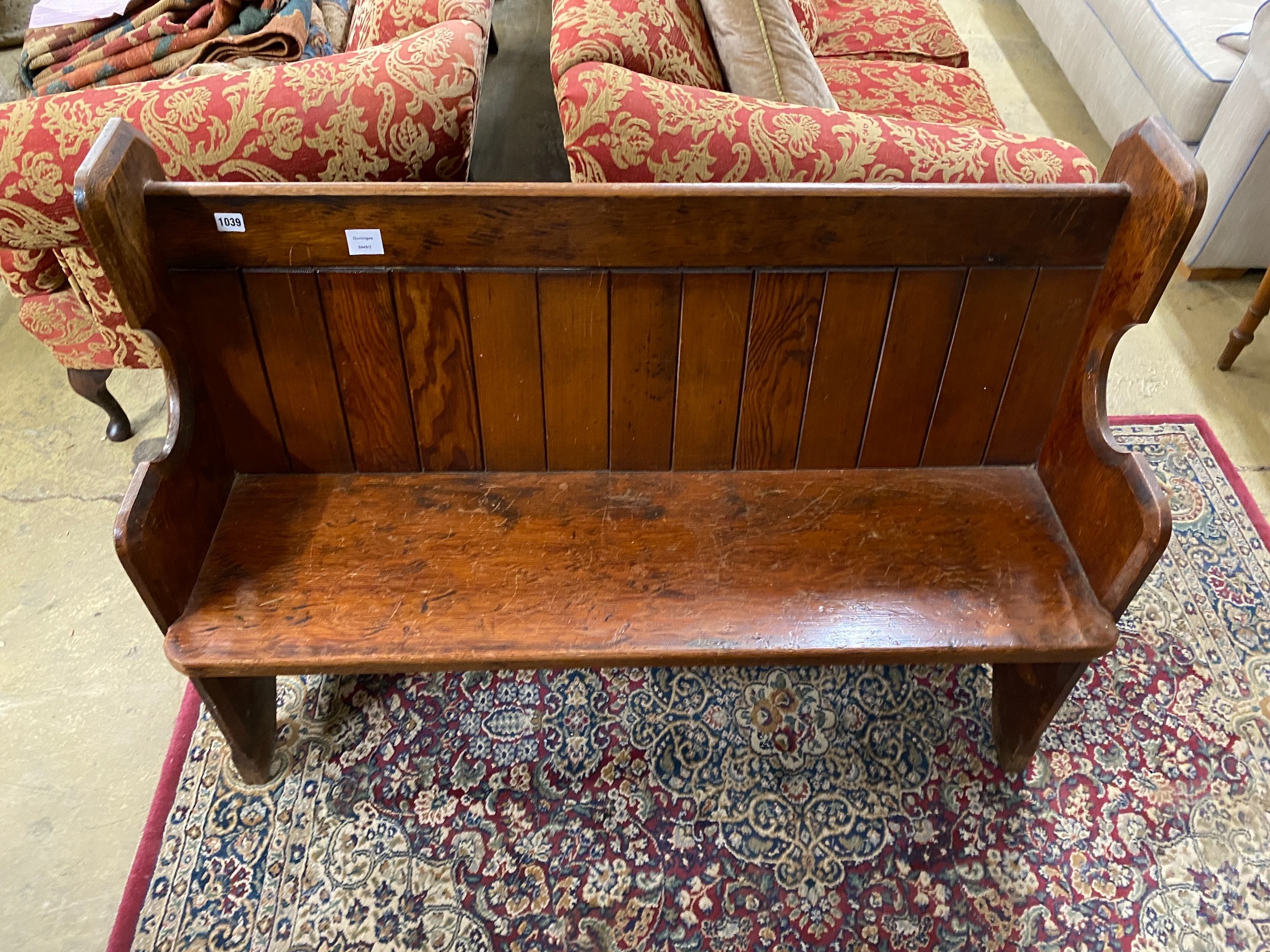 A Victorian pitch pine pew, length 120cm, depth 49cm, height 89cm - Image 2 of 2