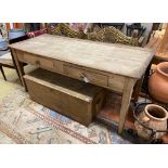 A Victorian two drawer pine kitchen serving table, length 180cm, depth 77cm, height 80cm