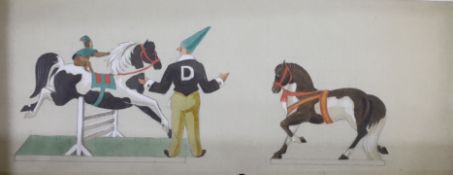 Mary Adshead (1904-1995), gouache on paper, Clown training a circus monkey and two horses, Liss Fine