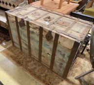 A large iron-bound rectangular wood Armada style chest, width 122cm, depth 61cm, height 74cm