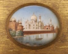 Late 19th century Indian School, oil on ivory, Miniature of the Taj Mahal, 4.5 x 6cm Ivory
