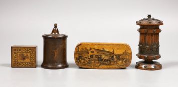 A group of treen items to include a Mauchline ware box, a Tunbridge box and two other boxes, tallest