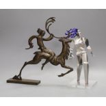 A stylised bronze figure and a metal figure of a dancer, tallest 31cm