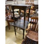 A pair of square stained pine tavern tables, width 65cm, height 75cm