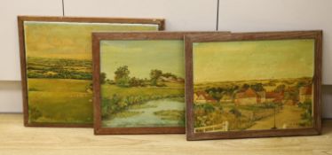 W.R.H Paul, three oils on canvas, Views of Jevington, Polhill Farm and Bowland Prospect near Glynde,