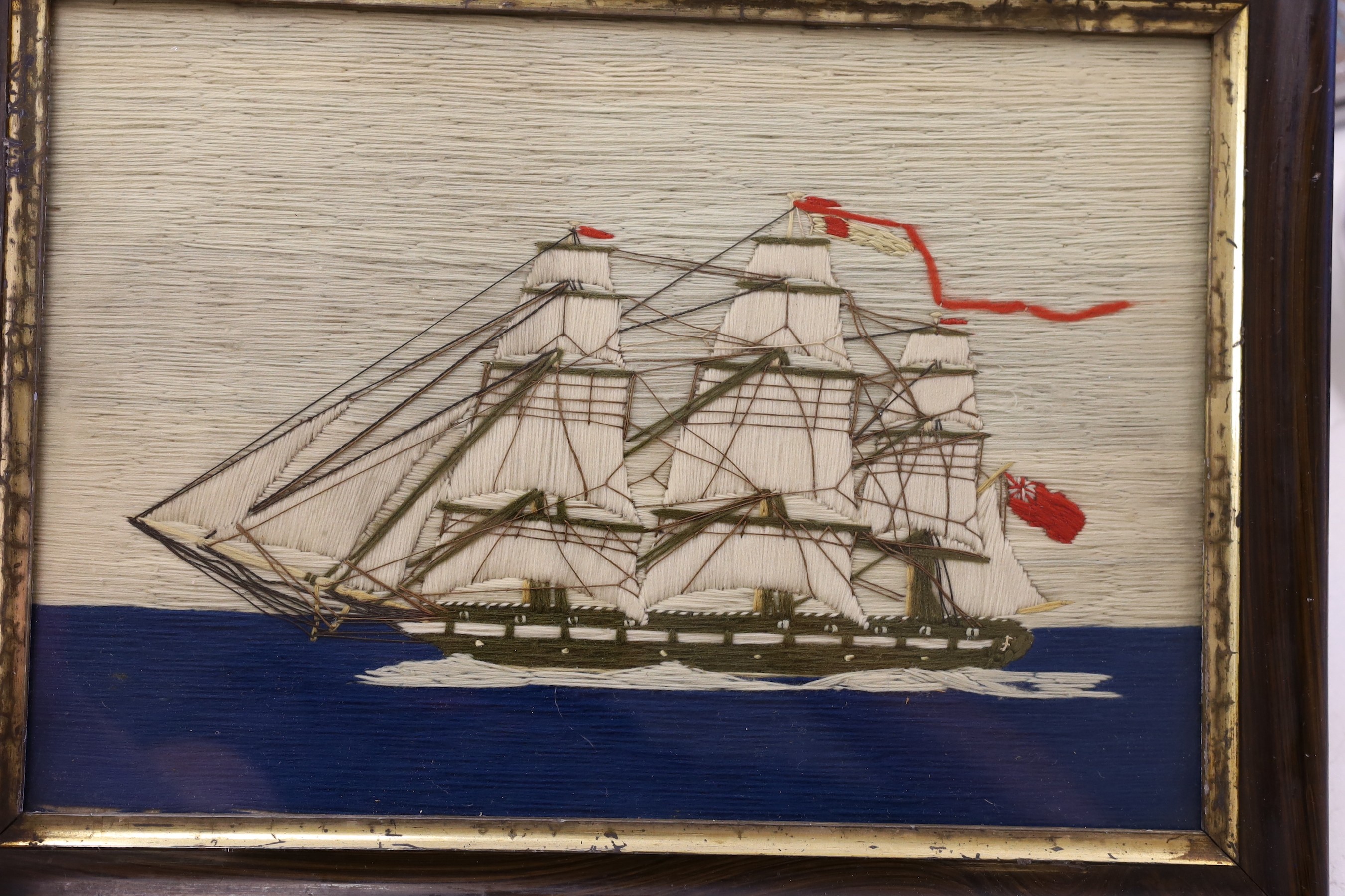 A pair of woolwork ship portraits, HMS Birmingham and Russian Warship Reresviet, a smaller - Image 2 of 4