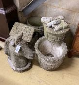 A reconstituted stone horse head garden ornament, height 46cm together with a wishing well bird bath