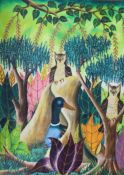 Adam Leontus (Haitian, 1928-1986), oil on board, Duck and owls in woodland, signed, 81 x 61cm
