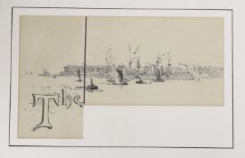 Attributed to William Lionel Wyllie, pen and ink, 'The ....' Shipping off the coast, 14 x 24cm