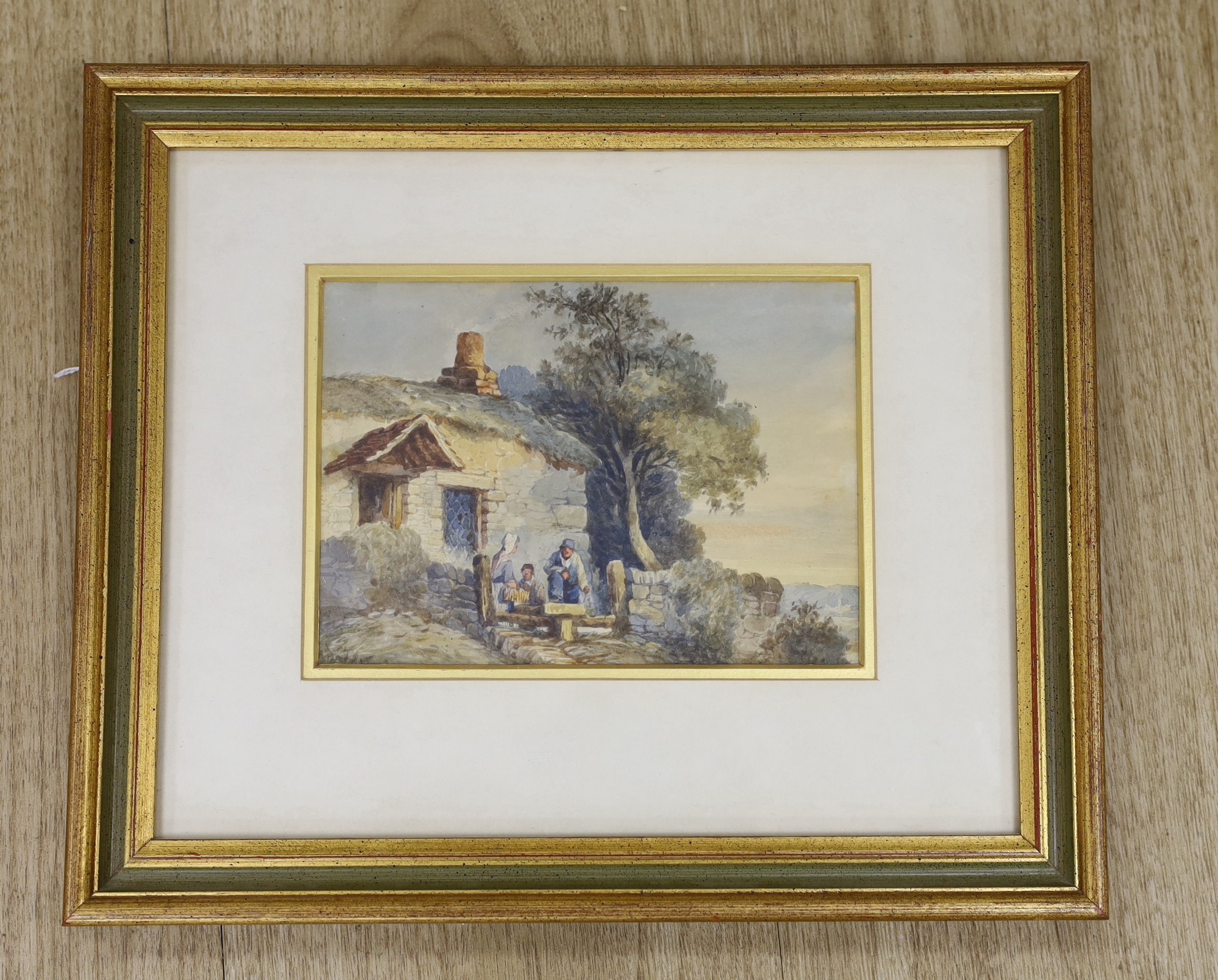 Henry George Gastineau (1791-1876), watercolour, Figures beside a cottage, label verso, 13 x 18cm - Image 2 of 3