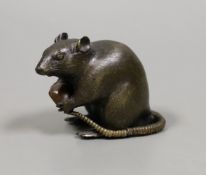 A small Meiji Japanese bonze seated rat with nut, kakihan mark, 7cm tall