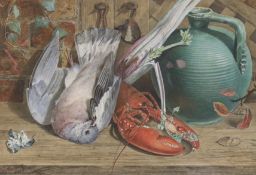 T.W. Headlam, watercolour, Still life of a dead pigeon, lobster and vase, signed and dated 1885, ESK